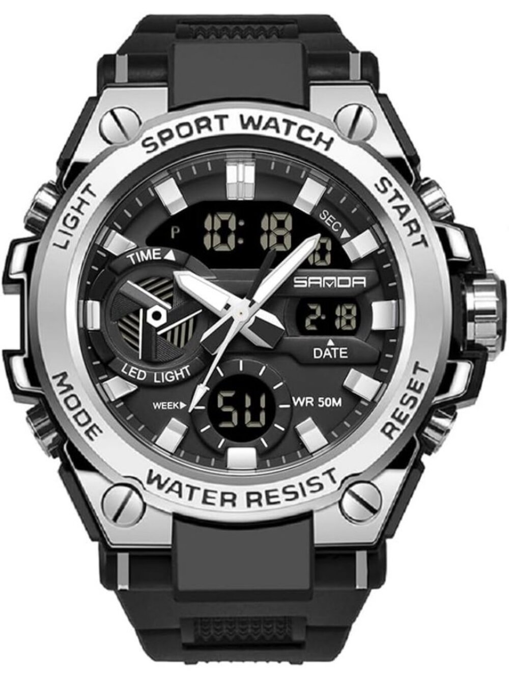 Men's Silver Waterproof Military Multi Function Tactics LED Alarm Wrist Watches